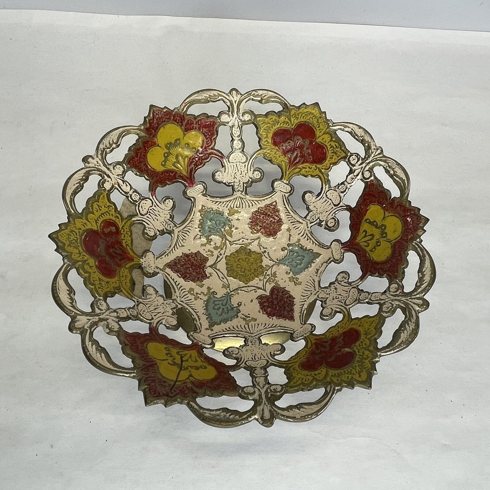 Vintage 6 1/2"  Ornate Brass Enamel Painted Decorative Pedestal Bowl‎ MCM